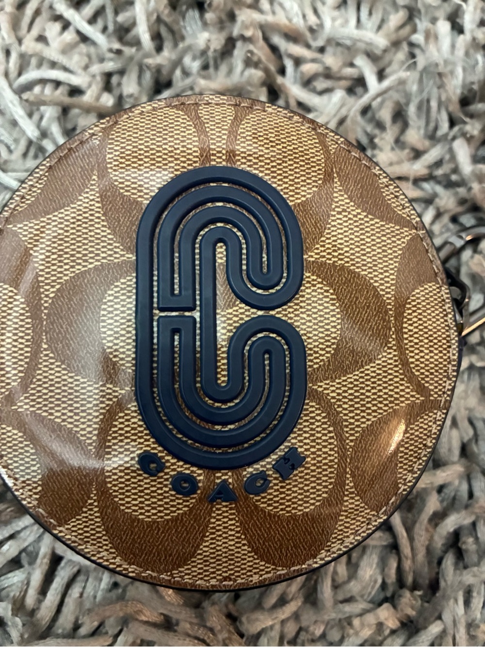 Coach Tan Signature Round Coin Case with Navy Logo Accent